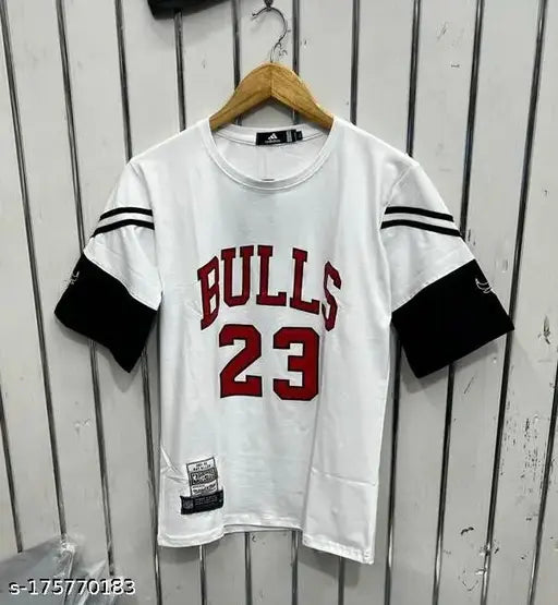 White cotton bulls 23 printed off-shoulder t-shirt with three-quarter sleeves, India