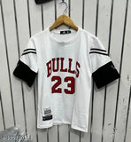 White cotton bulls 23 printed off-shoulder t-shirt with three-quarter sleeves, India