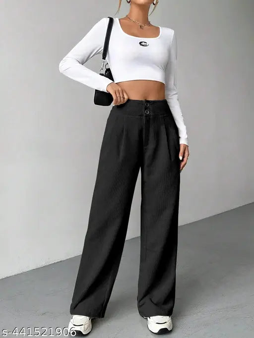 Wide-leg women's black pants with high waist and drawstring side tie