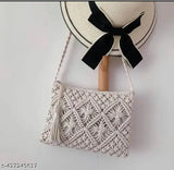 Off-white handcrafted crossbody sling bag with macramé pattern and braided straps, ladies' accessory for daytime outings or casual shopping trips