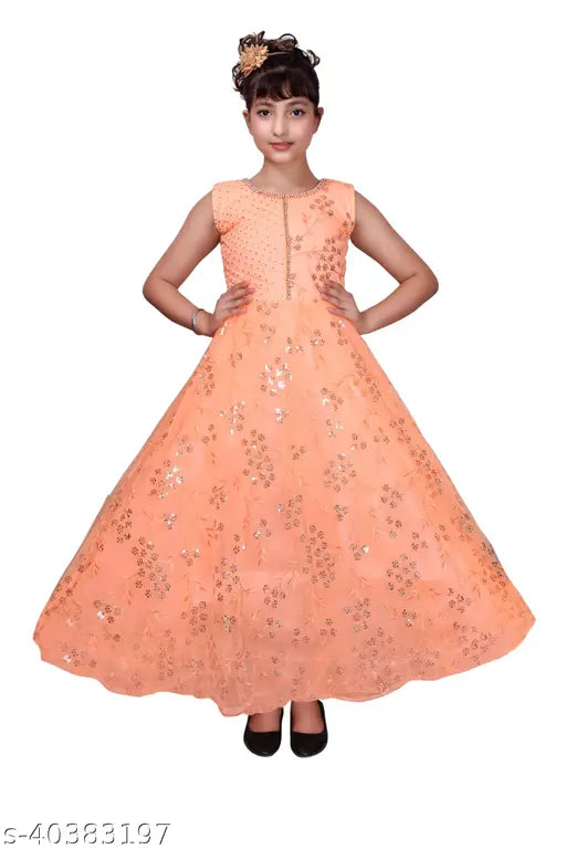 Peach, chiffon, floor-length party dress with a beaded bodice and flared skirt