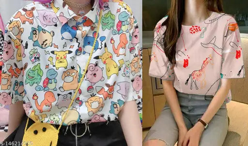Women's pack of 2 oversized T-shirts with cartoon character print in pastel colors
