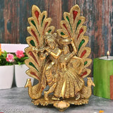 Metal Radha Krishna playing flute & peacock idol set, Indian artistry for home, temple, office or gifting. Size: L-B-H-12x8x13cm