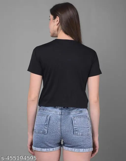 Trendy cotton blend crop t-shirts 4PS combo combo in four colors: white, black, masterd, lavender, suitable for party and casual wear. Short sleeves, sizes S, M, L, XL, made in India