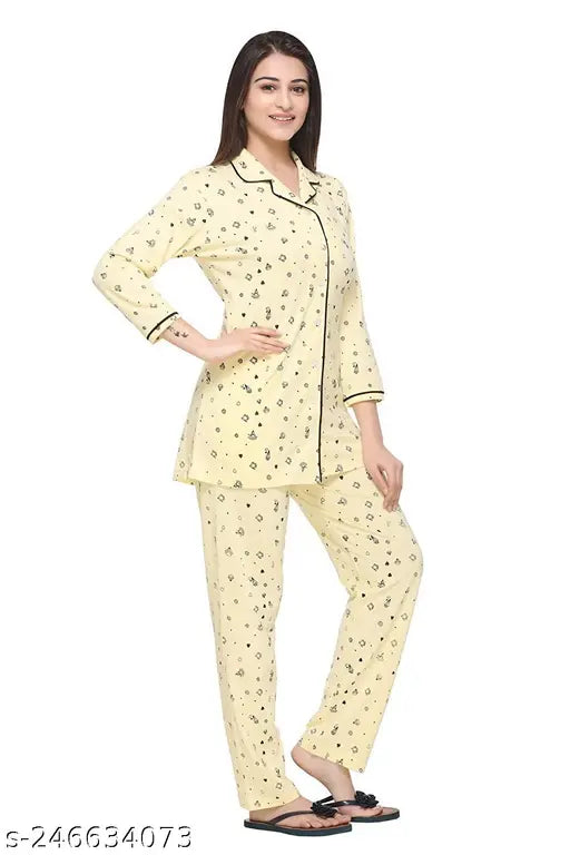 Women's cotton printed front open all-over nightsuit set, three-quarter sleeves, size S-5XL