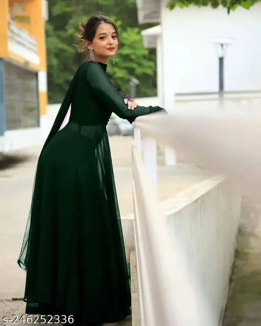 Neeva Plain Solid Georgette Solid Full Sleeve Boat Neck Anarkali Gown Top with Matching Color Dupatta Set for Womens, Girls kurta set gown for ladies dupatta