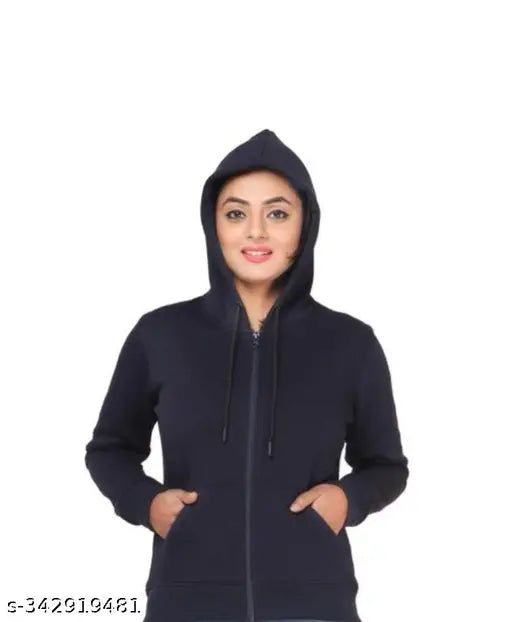 Navy fleece huddy for women/girls, stylish warm zip-up with long sleeves, solid navy color from India