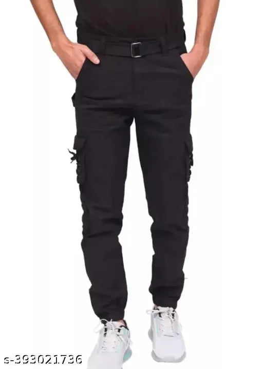 Black cotton blend cargo jeans for men, solid net style, available in sizes 28, 30, 32, 34 (waist 28-38in, length 41in). Indian origin