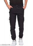 Black cotton blend cargo jeans for men, solid net design. Size: 28 (waist 28in, length 41in, hip 32in), suitable for stylish everyday wear