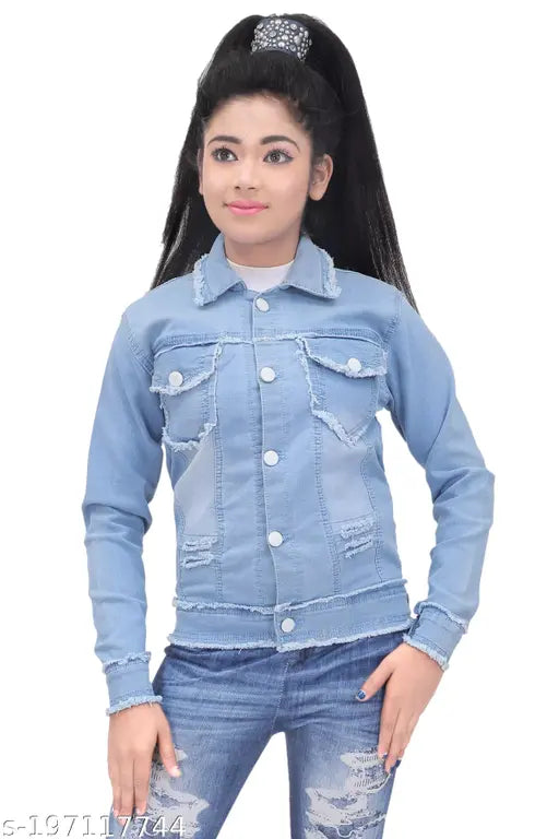 Women's full sleeves, washed denim stretchable jacket in solid color for girls