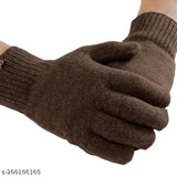 Woolen winter knit scarf and beanie cap hat combo for men with brown gloves - solid design for outdoor activities, India origin