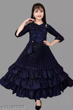 Dark blue full-length party dress for girls by Rahima Garments. High quality poly silk, three-quarter sleeves. Stylish designer frock for parties and special events. Made in India