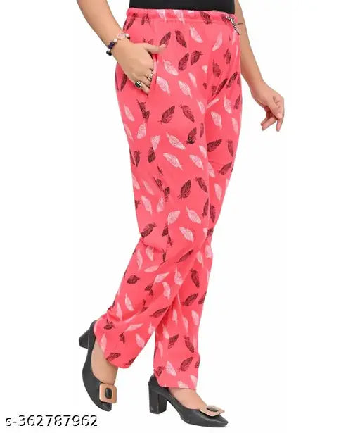 Pink floral print cotton pajamas, women's lounge pants