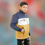 A boy in a blue, black, and yellow jacket