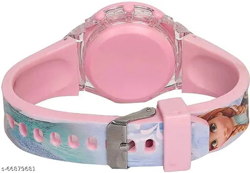 Digital pink kids watch with light up function, featuring a blue background design