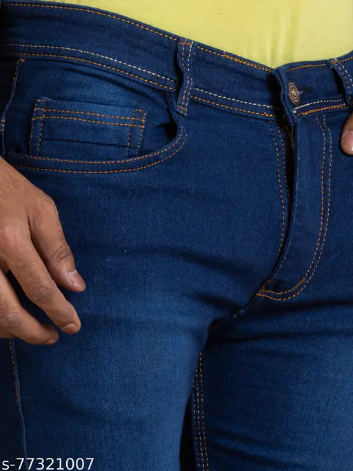 Dark blue solid denim men's jeans by Lzard. Durable, stretchable, and suitable for casual, party, or office wear. Comfortable pockets available." (118 characters)