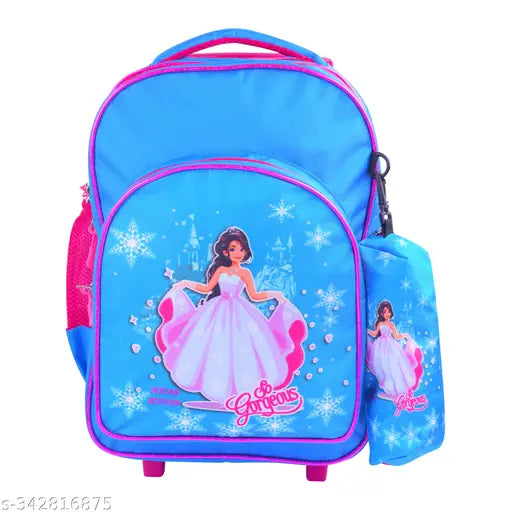 Blue polyester waterproof school trolley bag, 16 inches, free size, Queen Pink Wonder girl design