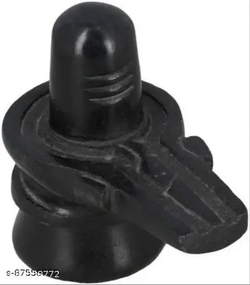Brass trishul with 5 face Rudraksha and Lord Shiva at the top, standing on a black stone Shiv lingam, set against marble