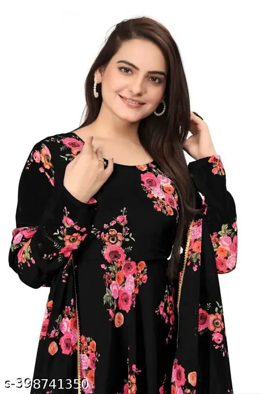 Black and pink party dress with inner crepe, adjustable belt, dupatta included