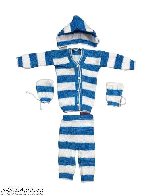 Colourful striped wool winter wear set (sweater, pajama, cap, booties) for newborn boys and girls combo set 3 - India origin