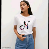 Black flower and alphabet design women's half sleeves printed polyester t-shirt, featuring intricate print on short sleeves, size M for bust 34in and length 24in. Made in India