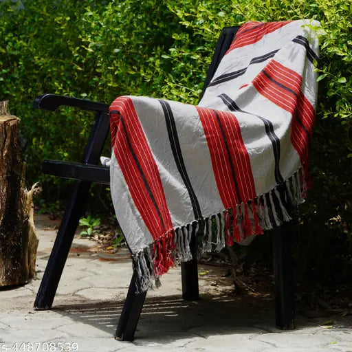 Striped red jacquard cotton throw, elegant flower border, soft & smooth, reversible, made in India (50cm x 70cm)