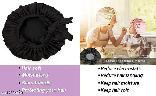Black silk satin night sleep cap, head cover with free soft scrunchies for hair styling, beauty bonnet