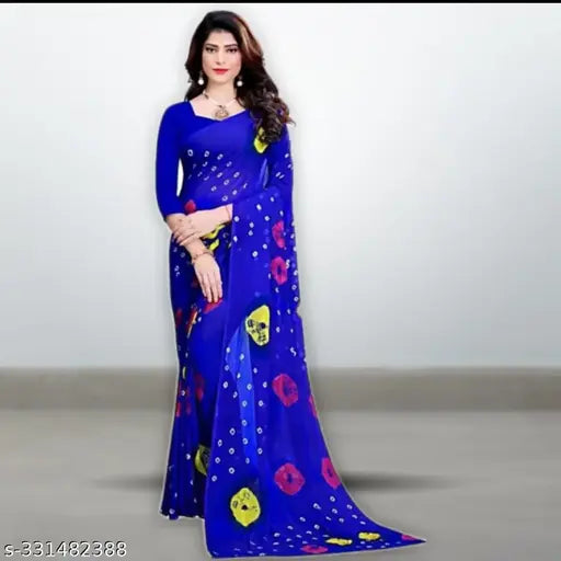 Light weight chiffon Chinon saree for women, solid art silk blouse, printed pattern, free size (5.5m length) - beauty in fancy color, India origin