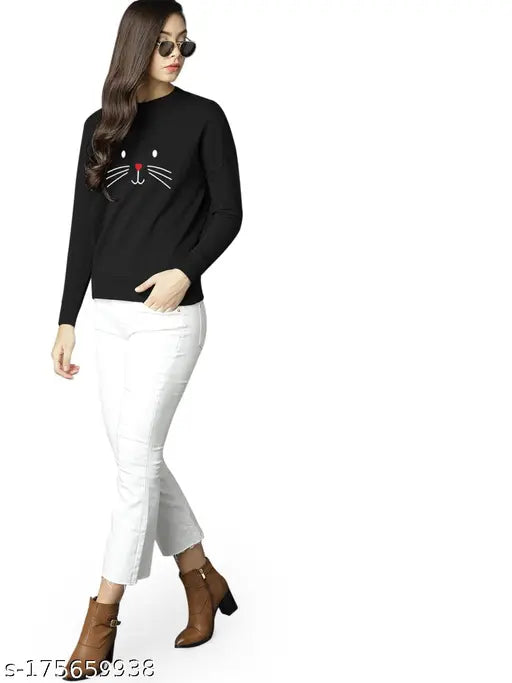 Black fleece printed sweatshirt for women, trendy design with meow motif, round collar, long sleeves, pullover style