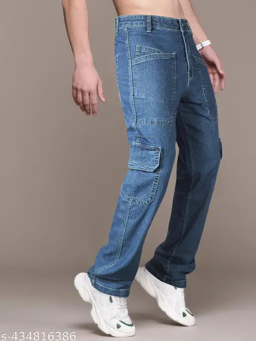 Navy blue Lycra cargo jeans for men by RIGBONE, regular fit for easy movement and all-day comfort. Available in sizes 28, 30, 32, 34, 36, 38 (Waist: 29in, Hip: 34in, Length: 42in)