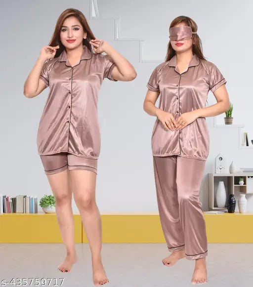 Fashionable satin women's night suit combo set with short top & pants, India-made for ultimate sleep comfort