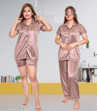 Fashionable satin women's night suit combo set with short top & pants, India-made for ultimate sleep comfort
