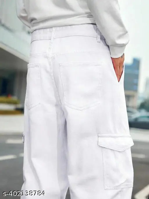 Pure white denim baggy cargo jeans for men, solid net design, size 28 (waist 26in, length 40in), made in India