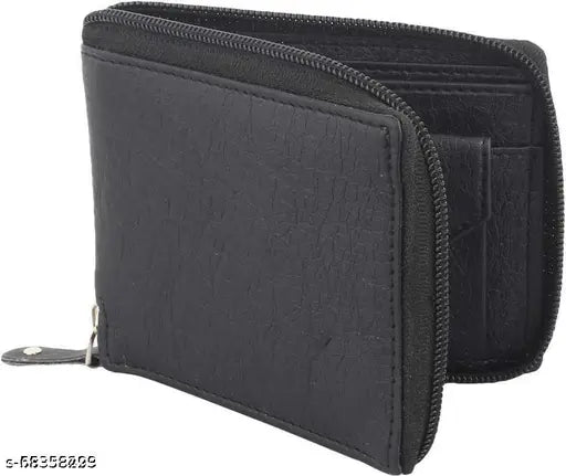 Black faux leather R.C wallet with 2 compartments, 3 card slots, and 1 coin pocket. Latest men's wallet design from India