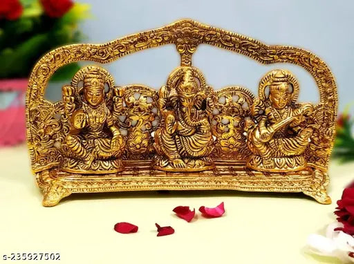 Metal Laxmi Ganesh Saraswati frame set, Indian god idols for home, temple, office, and gifting, 10.5x5.5x2.5 cm