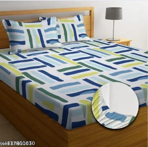 King-size, 220 TC cotton elastic fitted bedsheets | Summer trending geometric print | Double bed for adults, origin India