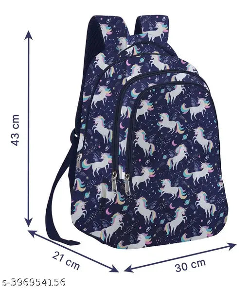 Blue polyester school backpack with flying unicorn design, suitable for class 1 to 8 students