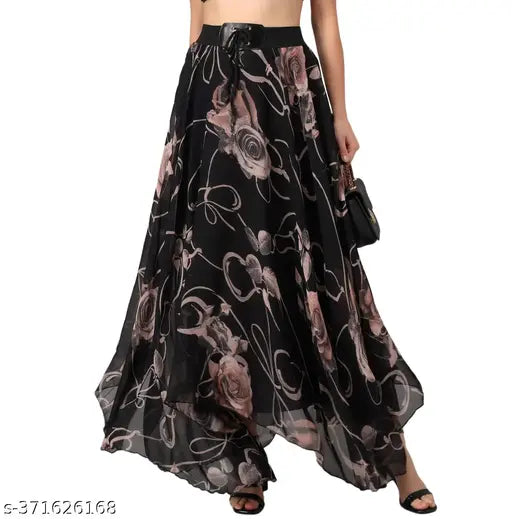 RC NEOEN black georgette long skirt with browny flower print, size 28-34 waist (28in-34in), length 39in-42in. Indian ethnic wear on model