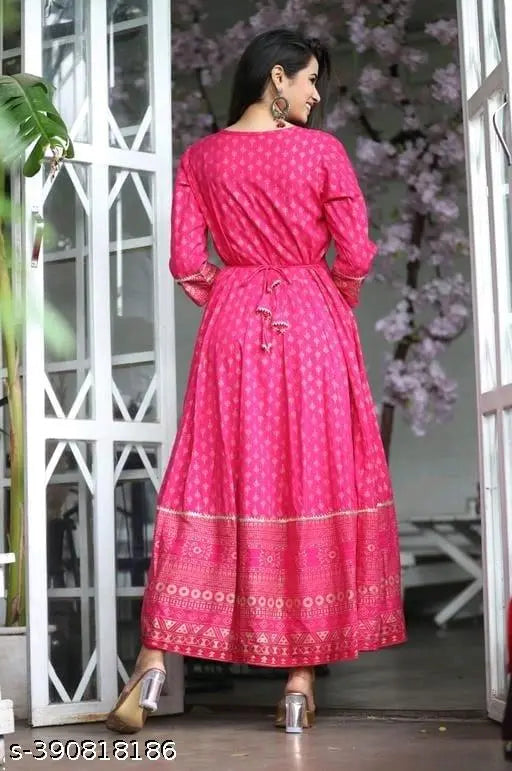 Rayon Anarkali Kurti with Gota work, three-quarter sleeves, printed in vibrant Indian patterns. M (Bust 38in), L (Bust 40in), XL (Bust 42in), XXL, 4XL - elegant traditional style for women's fashion