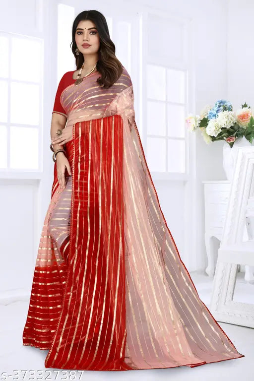 Fancy organza Puspa saree in vibrant colors, hand-woven zari border, perfect for parties and events