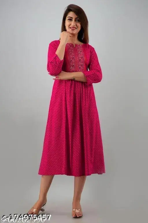 Rayon three-quarter sleeve printed Rani gould ambrodari kurti, Indian women's fashion for M-XXXL sizes