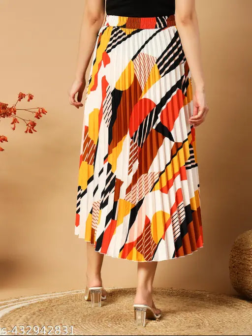 Multi-color pleated midi skirt with elastic waist, geometric pattern