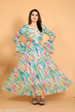 Light color long-sleeve Georgette gown, multi-color digital print for women, bell-shaped with fixed belt and inner heavy crape lining