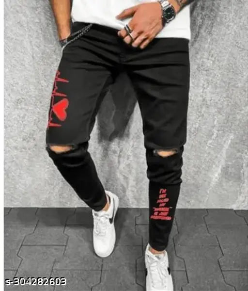 Red print cotton jeans with placement heart design, A1 quality, available in sizes 28, 30, and 32 (India)