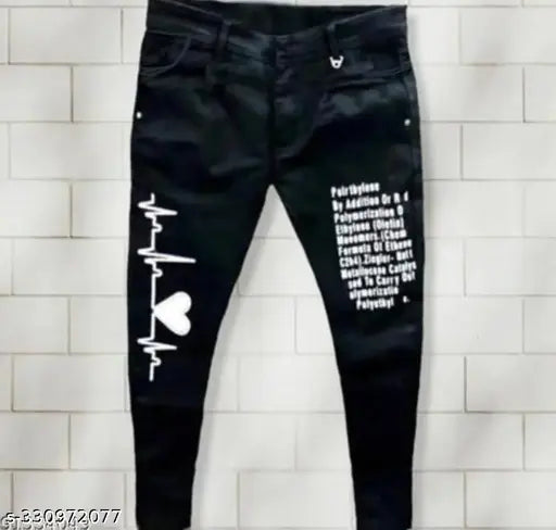 Modern designer printed black denim jeans for men (size 28, 30, 32). Stylish, comfortable cotton fabric with placement print