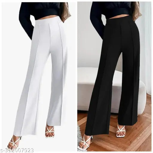 Women's fashion, stylish black pants with white panels, professional wear, premium fabric, Tazmique brand, versatile style