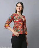 Kalamkari printed cotton empire top with adjustable tie-up waist, ideal for summer and casual occasions