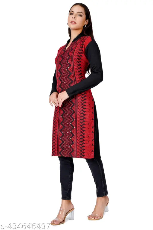 Black and red patterned women's long-sleeve woolen kurti