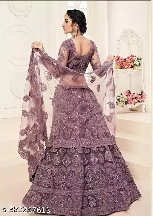 Heavy work purple embroidered net lehenga set with choli and dupatta, free size (42in waist, 42in length) - Indian bridal wear for women's weddings