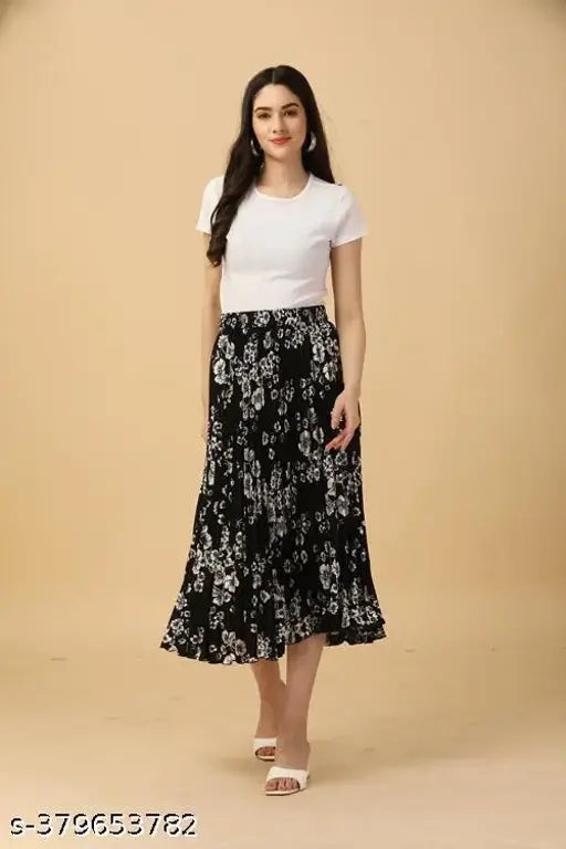 Pleated printed midi skirt, full-length polyester crepe with elastic waist, trendy and flattering for various body types, Indian fabric, wrinkle-free, travel-friendly. Sizes: 28/30/32/34/36/38/Free Size (Waist 38in, Length 32in, Hip 38in)
